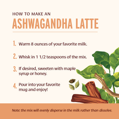 Instructions for making an Ashwagandha latte with a plant illustration on a white background.