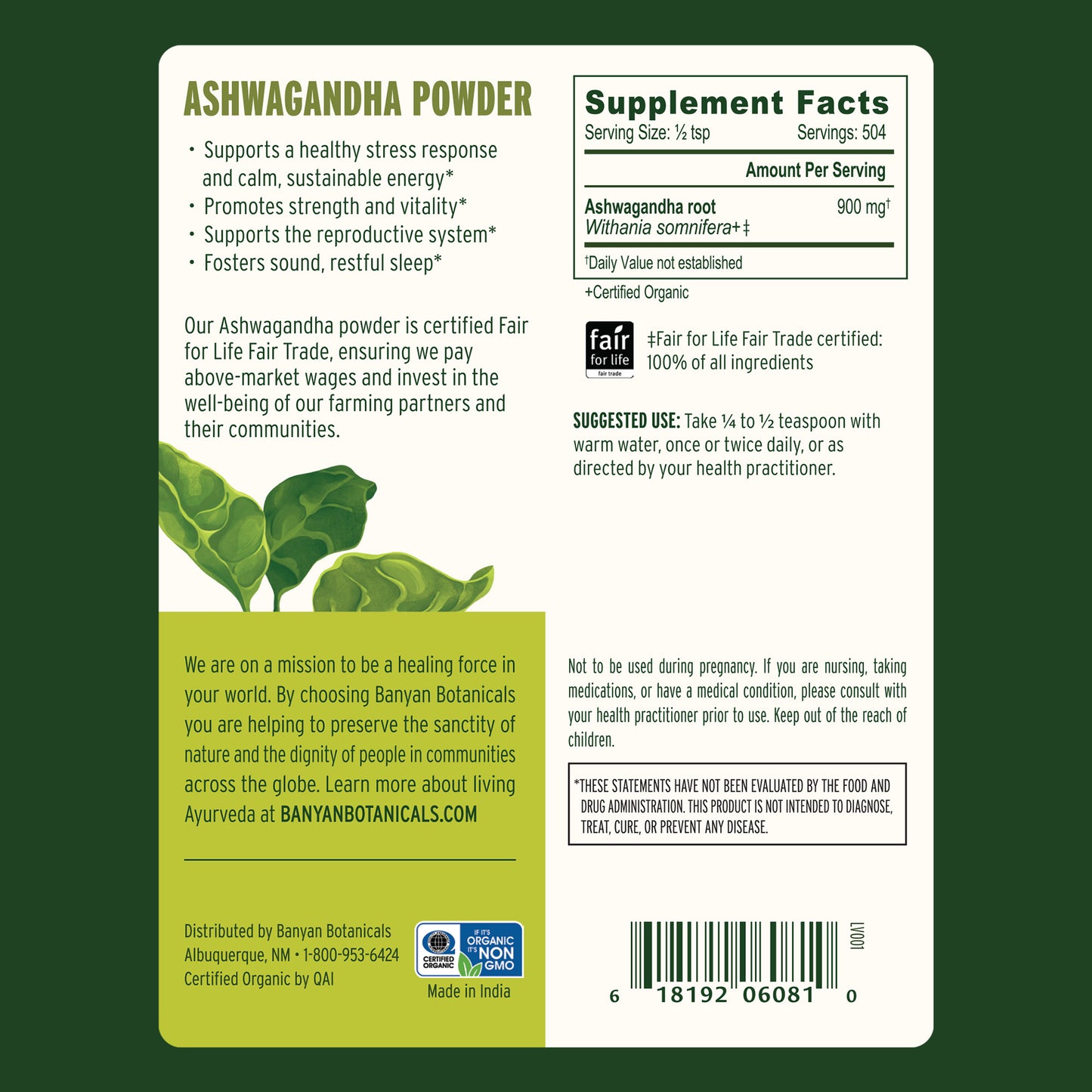 1 lb: Back label showing supplement facts and suggested use