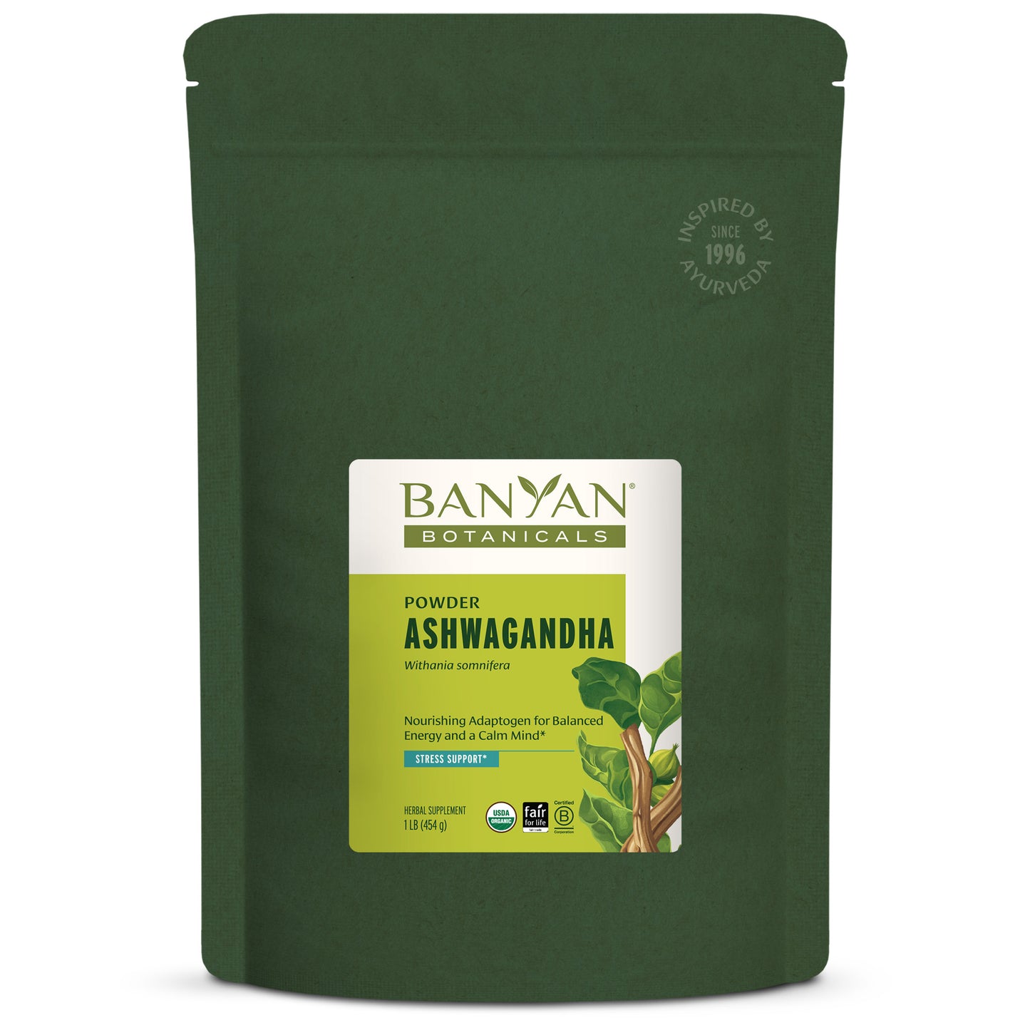 1 lb: Green pouch of Ashwagandha powder on white background