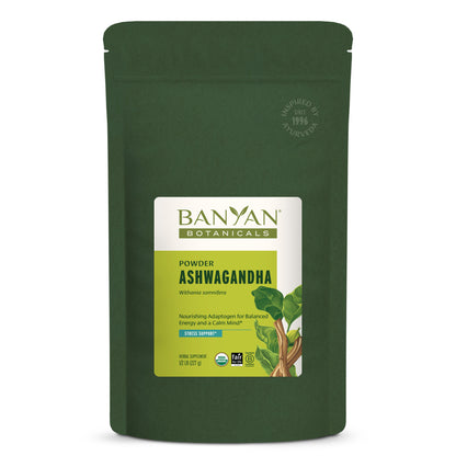 1/2 lb: Ashwagandha powder in green pouch on white background