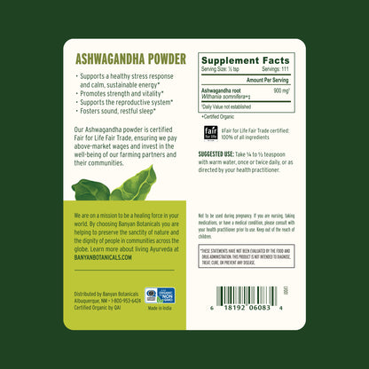 3.5 oz: Back label of Ashwagandha powder