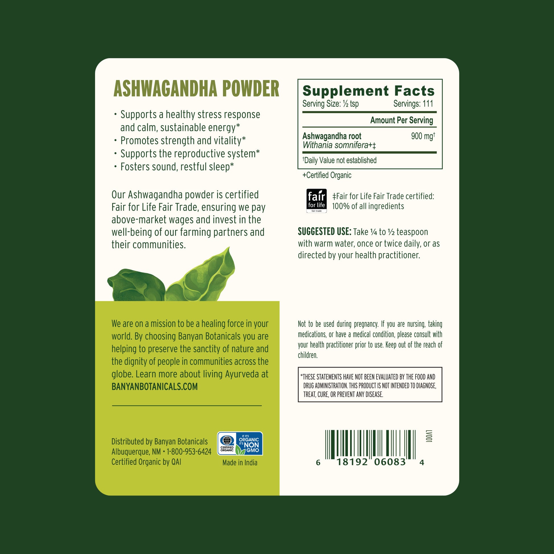 3.5 oz: Back label of Ashwagandha powder
