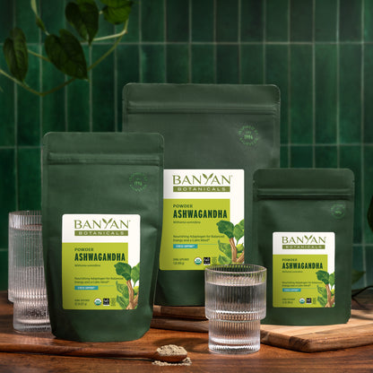 Three sizes of Ashwagandha powder bags on counter next to glass of water and spoon full of powder