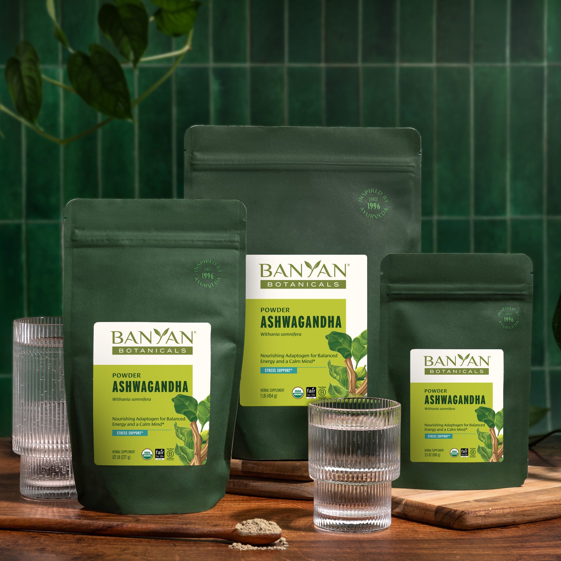 Three sizes of Ashwagandha powder bags on counter next to glass of water and spoon full of powder