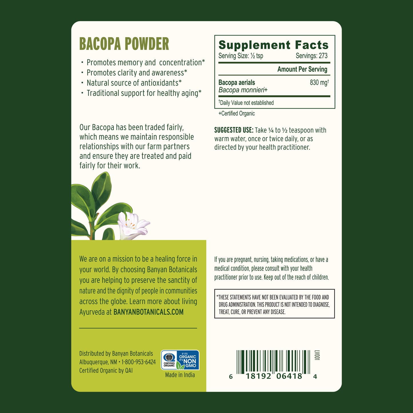 1/2 lb: 1/2 lb Bacopa powder supplement label with green background