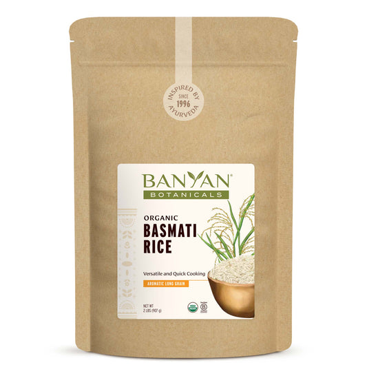 2 lb: Banyan Botanicals Organic Basmati Rice package on a white background