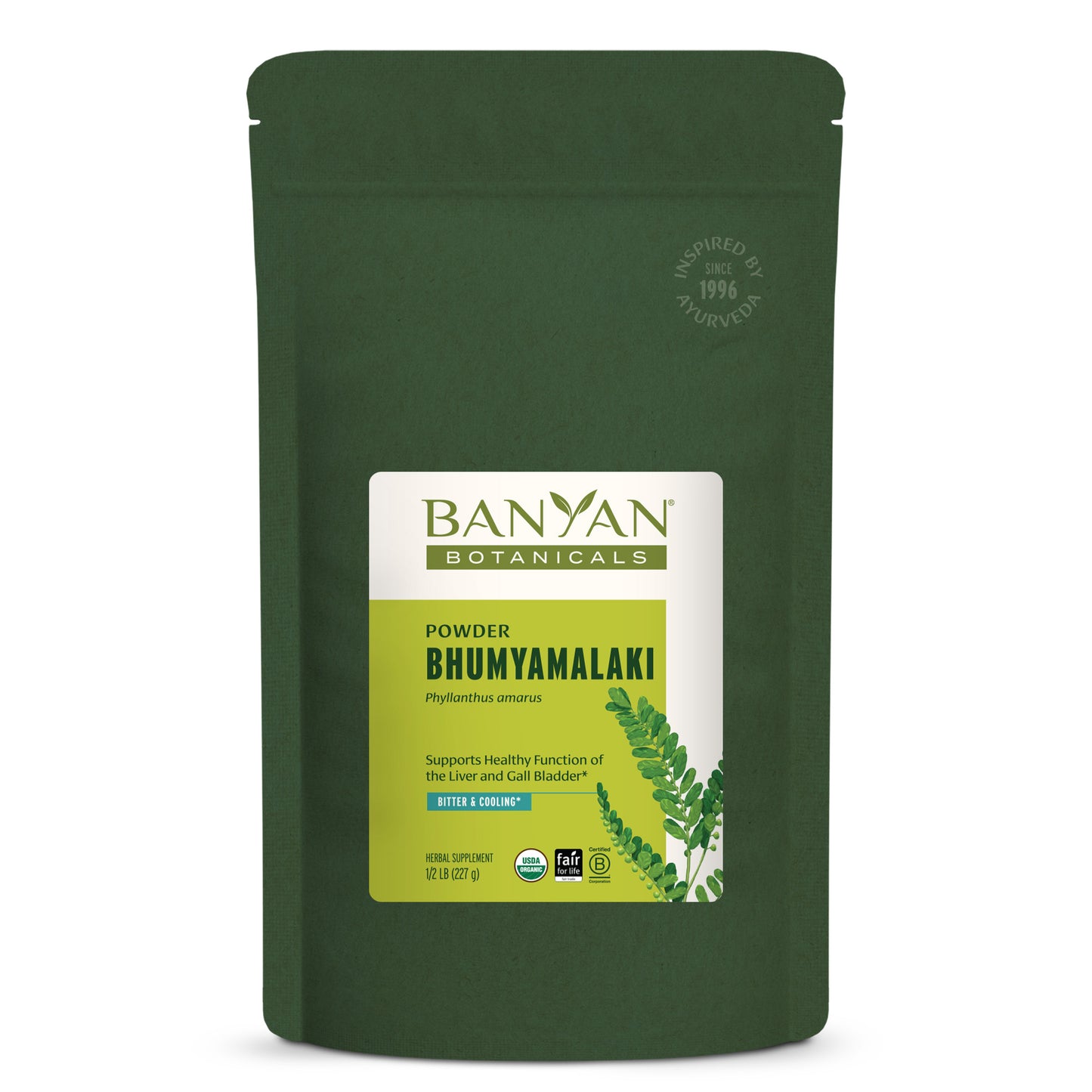 Bhumyamalaki powder in green pouch on white background