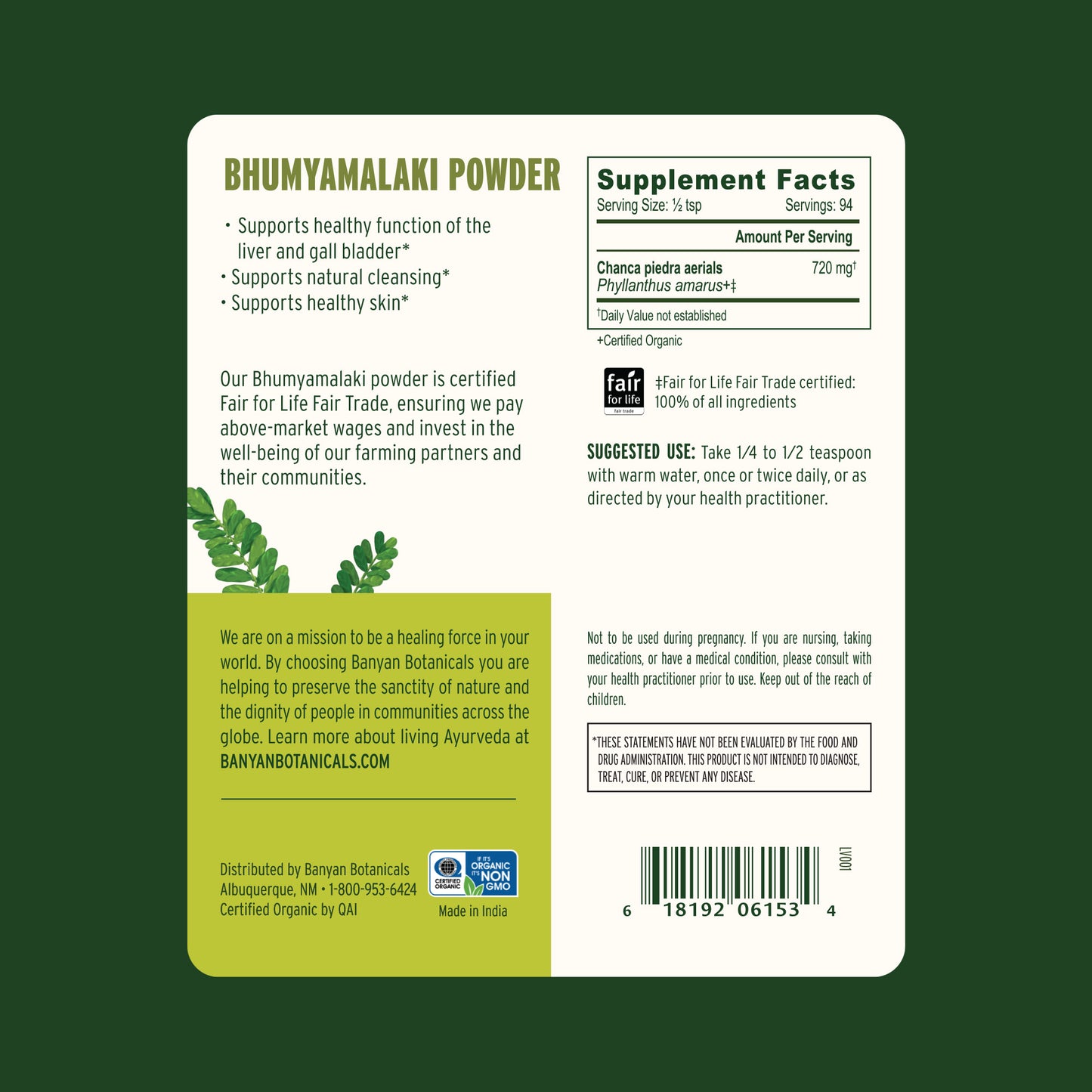 3 oz: Supplement label for Bhumyamalaki Powder on a green background