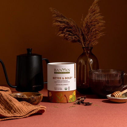 Bitter & Bold on counter with kettle