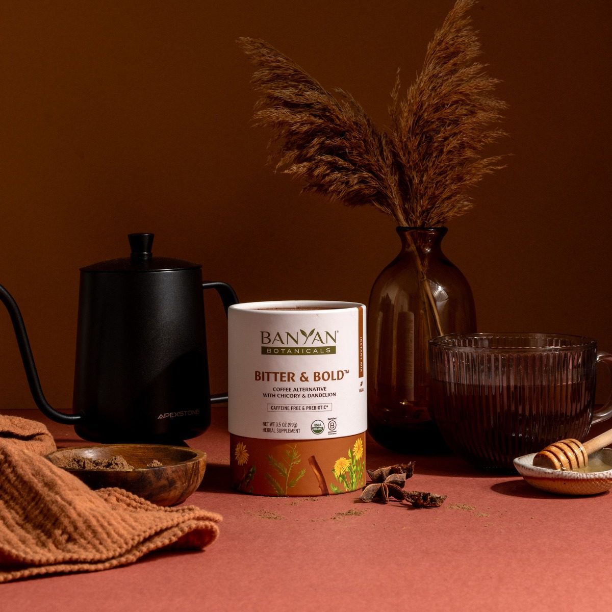 Bitter & Bold on counter with kettle