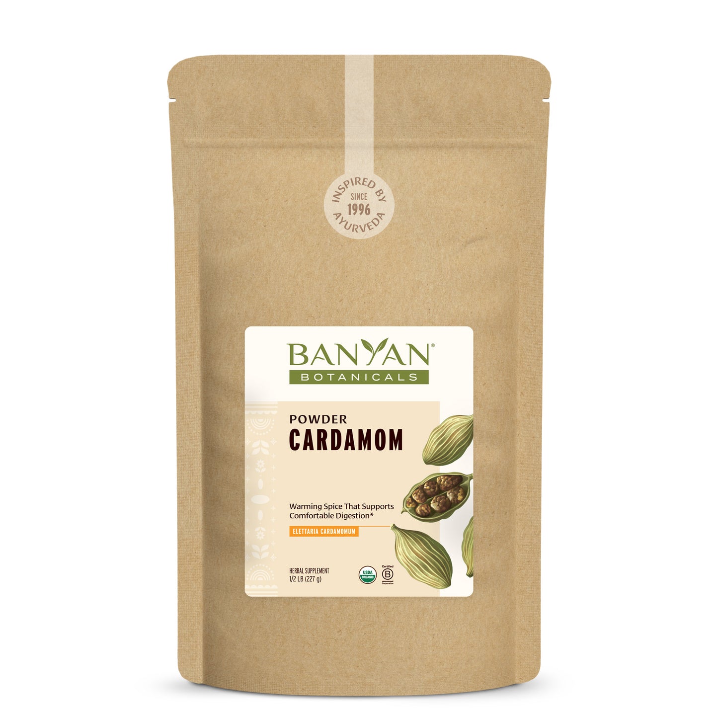 1/2 lb: Cardamom powder pouch on a white background