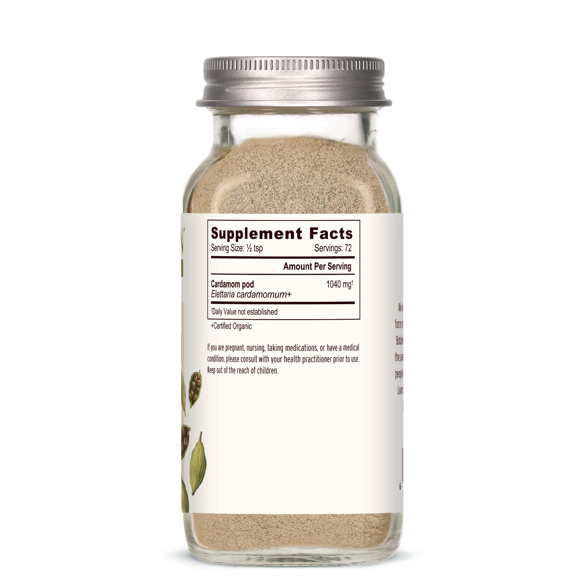 spice jar: Glass jar of cardamom spice with label showing supplement facts on a white background