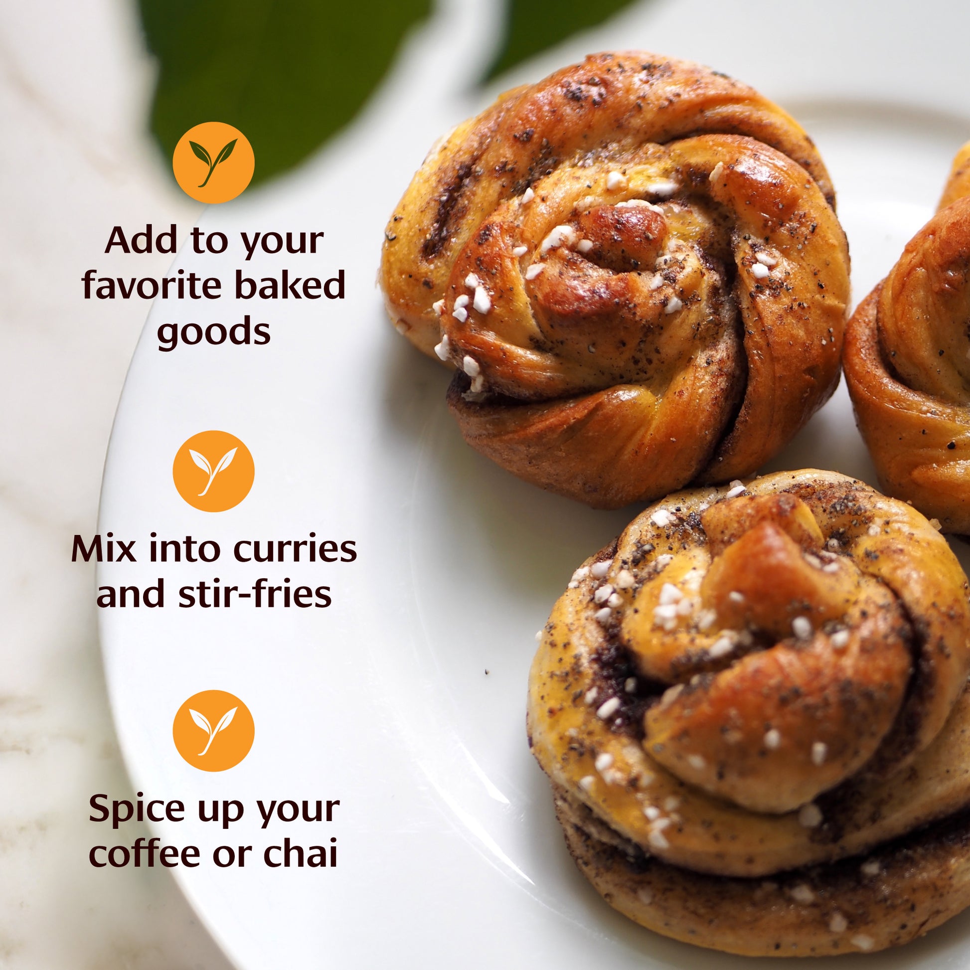 Spiced pastries on a plate with text suggesting uses for the cardamom powder.