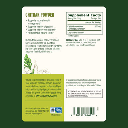 Chitrak powder back label showing supplement facts and suggested use