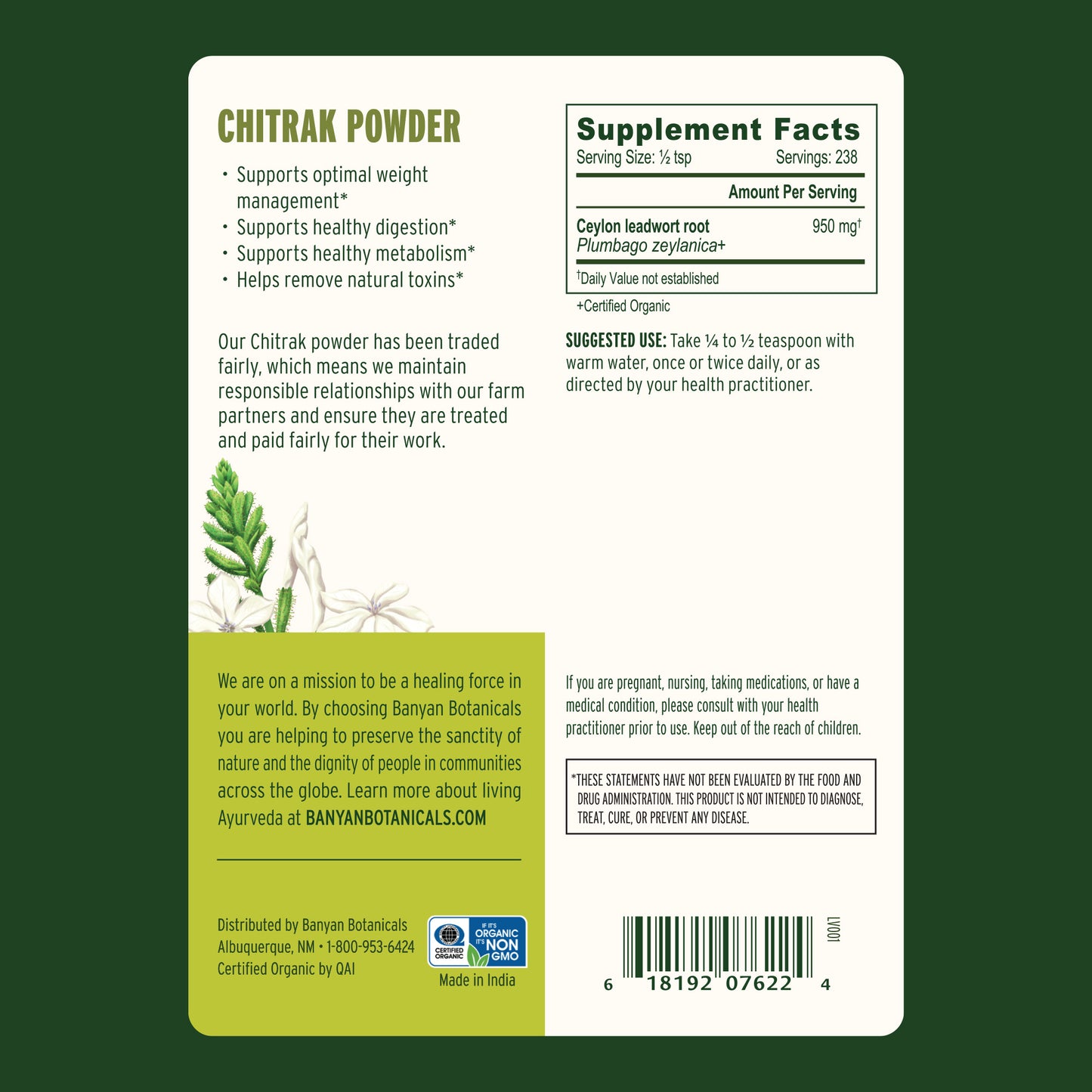 Chitrak powder back label showing supplement facts and suggested use