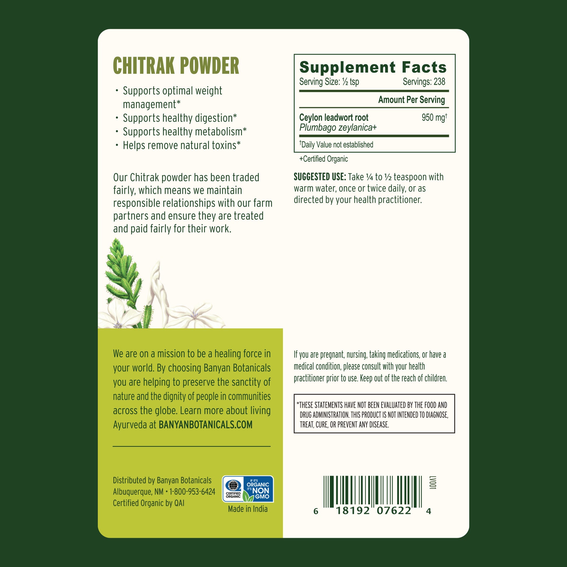 Chitrak powder back label showing supplement facts and suggested use
