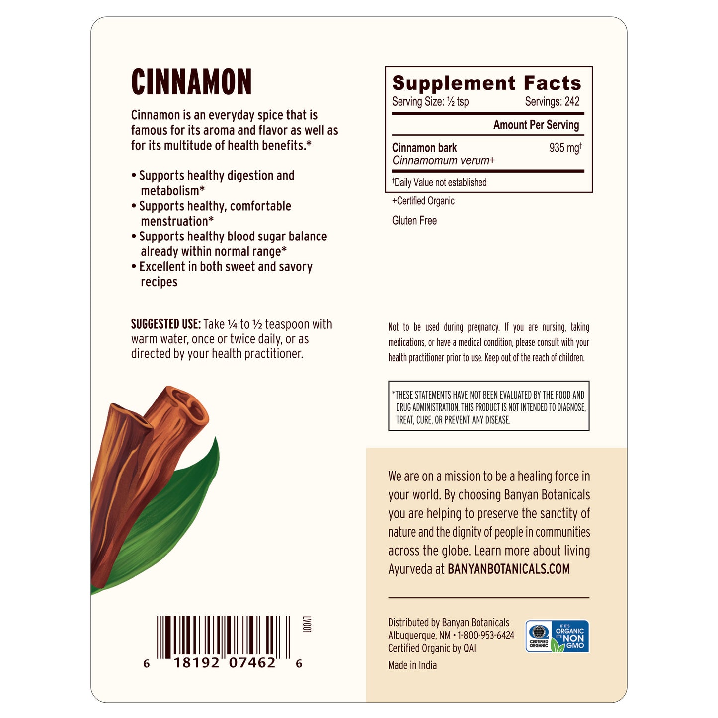 1/2 lb: Cinnamon Powder Supplement Facts