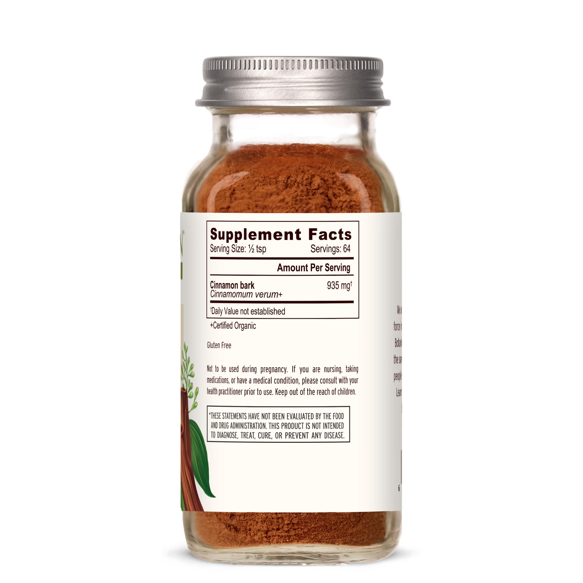 spice jar: Cinnamon powder spice jar showing side label with supplement facts panel