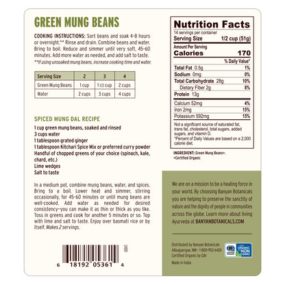 Back label showing nutrition facts and suggested use of green mung beans