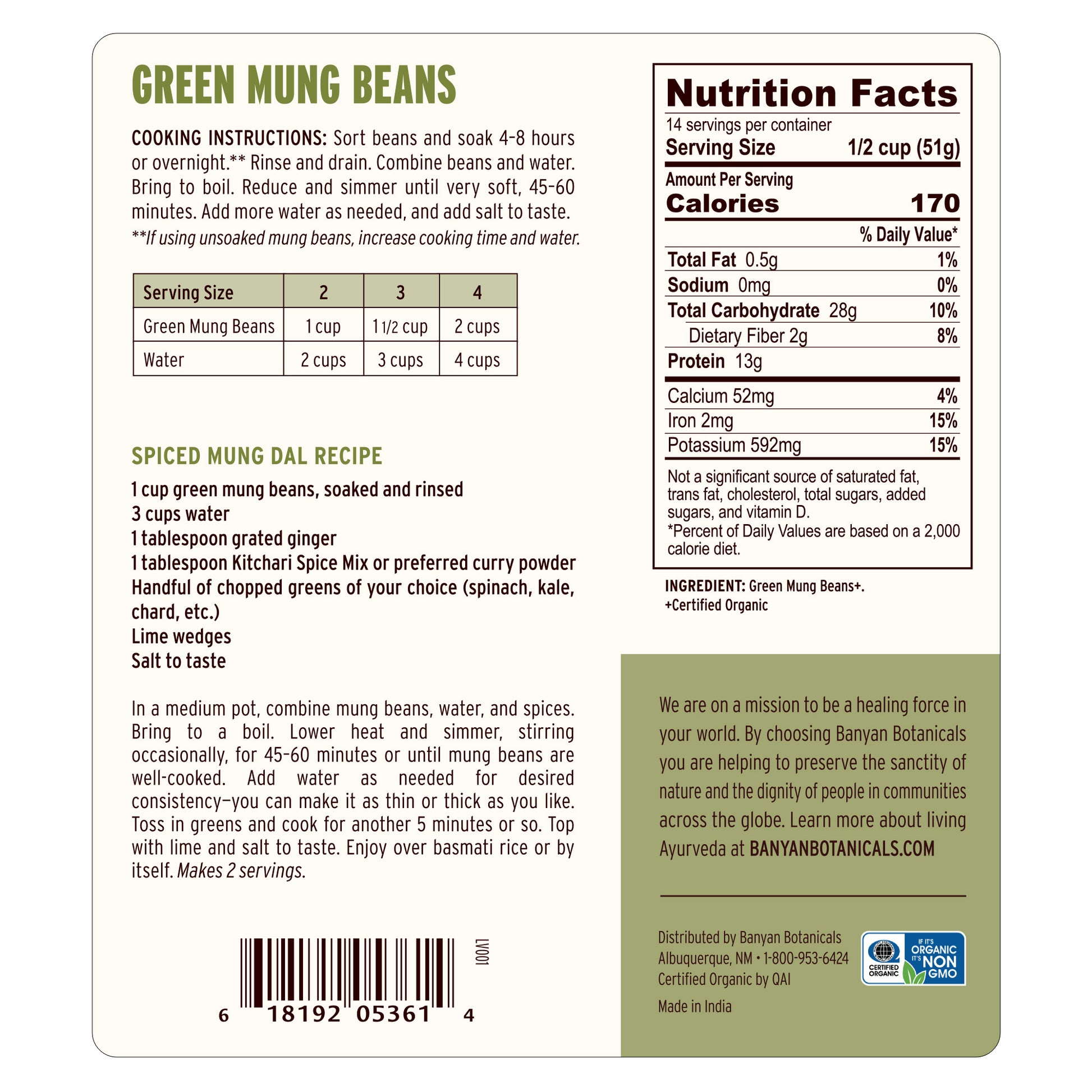 Back label showing nutrition facts and suggested use of green mung beans