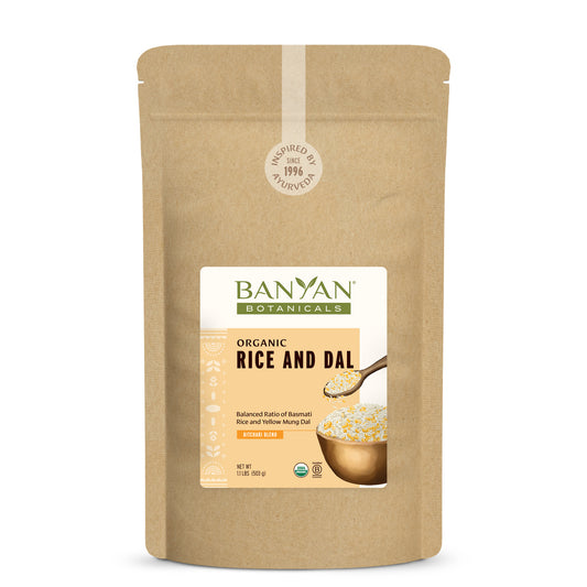 Banyan Botanicals Organic Rice and Dal kraft pouch on a white background